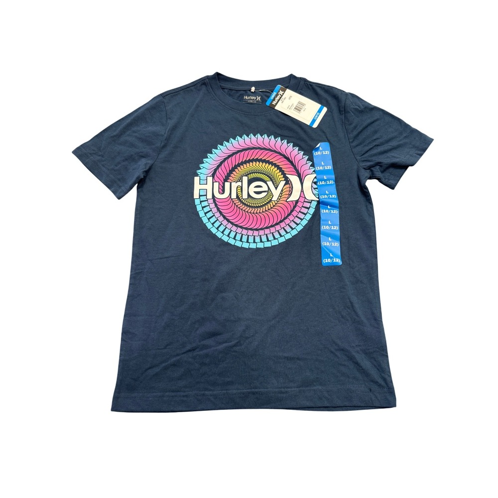 Hurley Boys Night Force Navy Blue Spiral Logo Graphic T-Shirt Size L 10/12 NEW